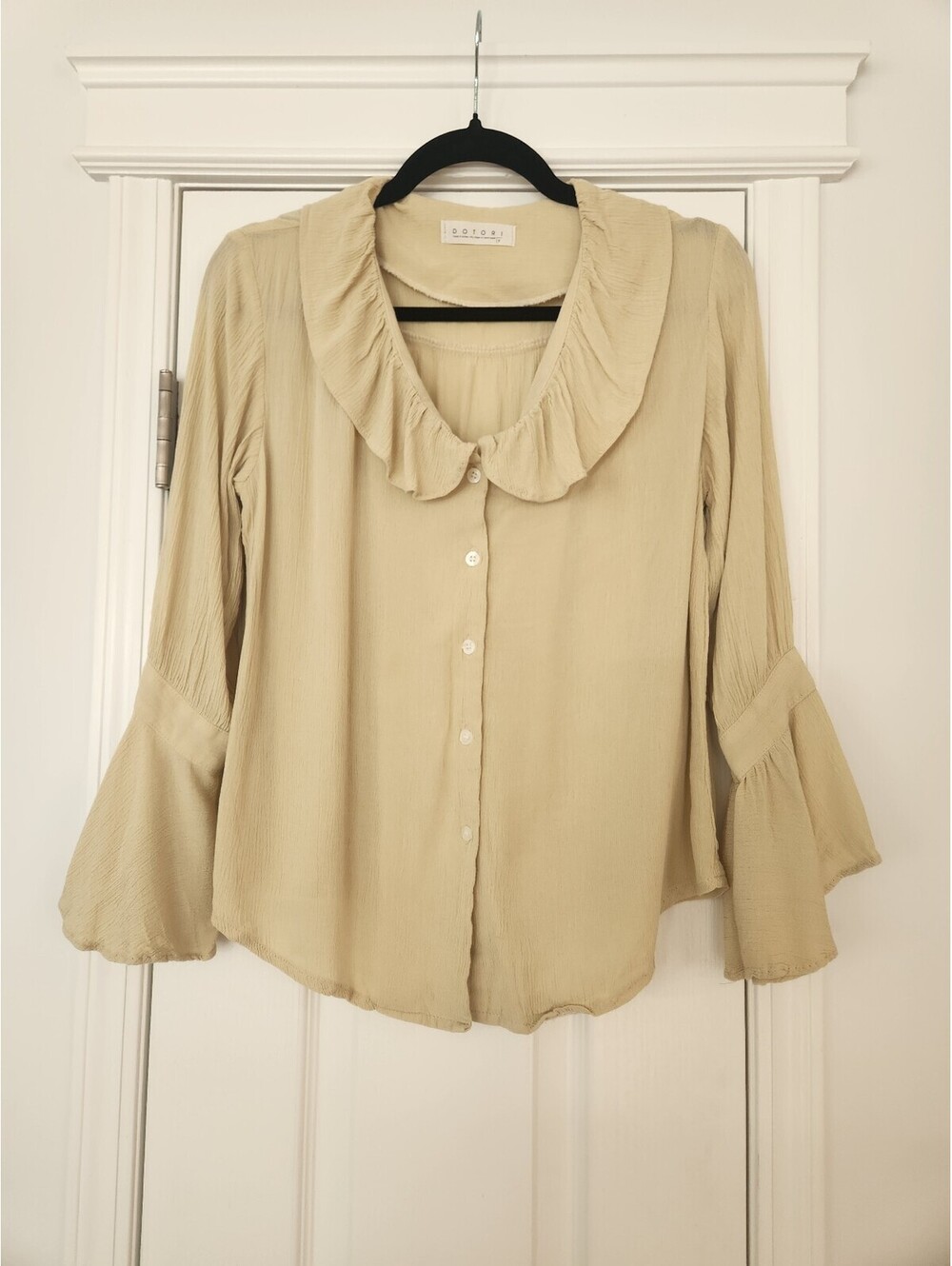 Womens Beige bell Sleeve flowy button up collard blouse Peasant